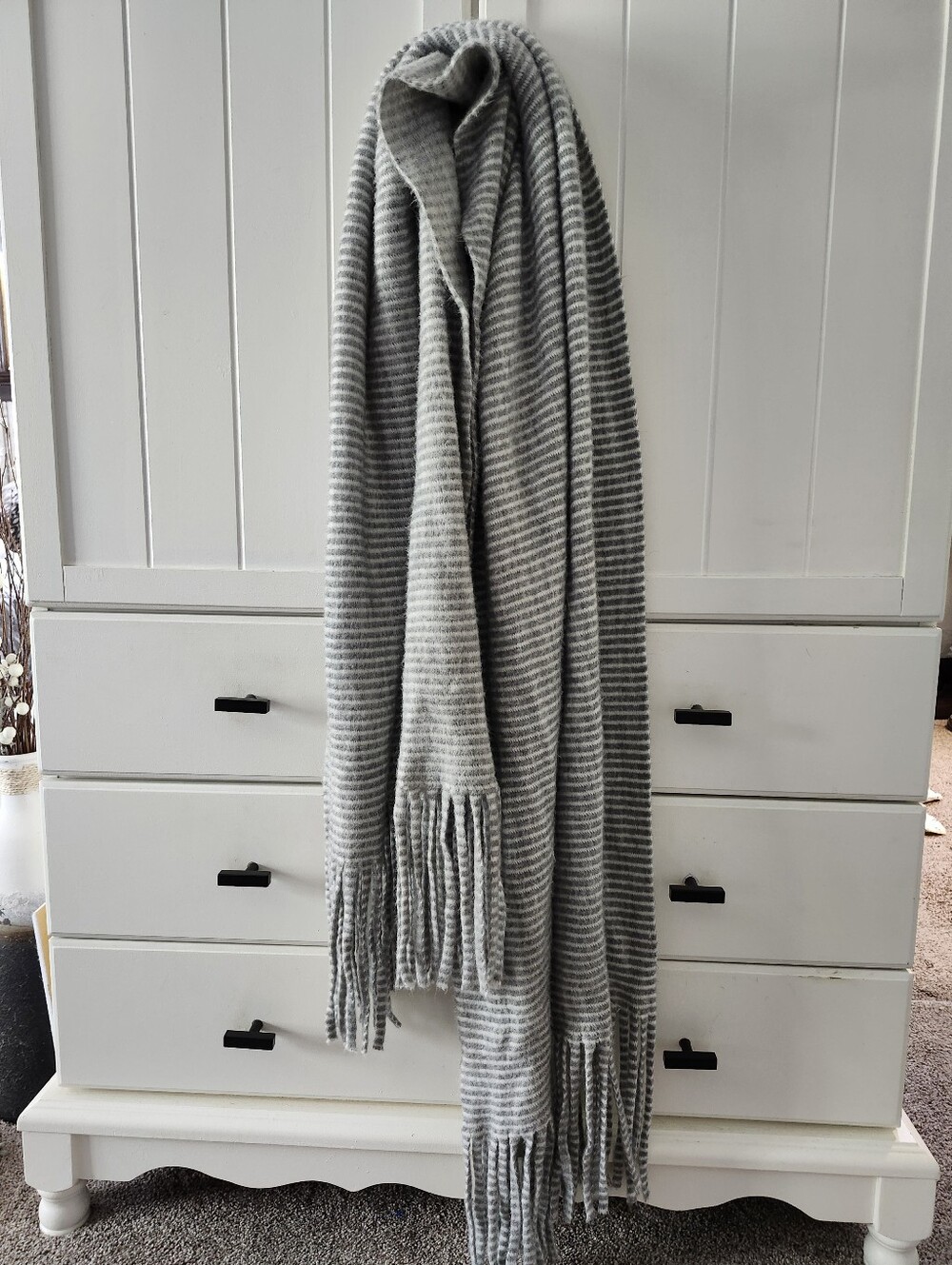 Large Soft Gray Striped Fringe Scarf In Gray And White. 65"x 22"